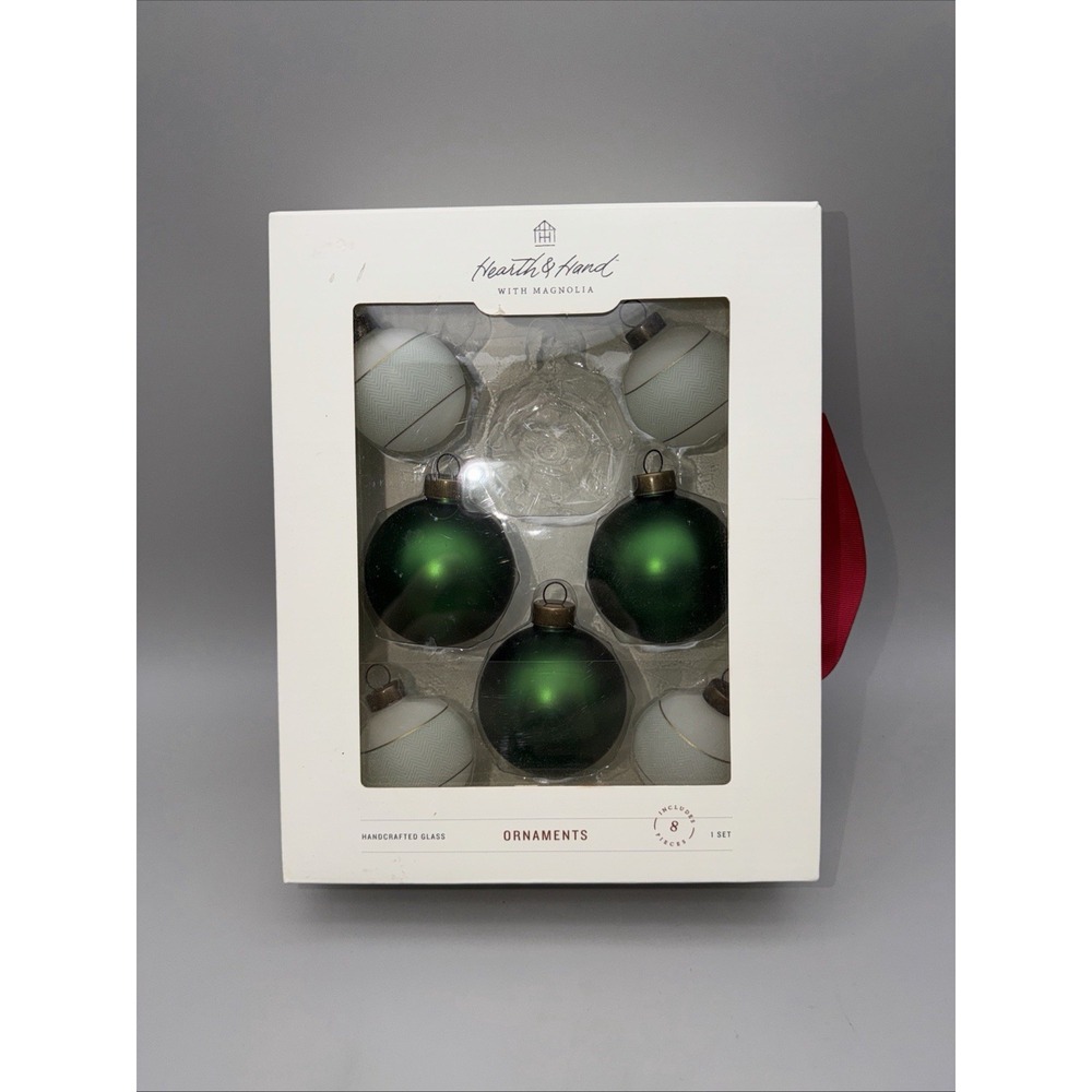 Hearth and Hand with Magnolia 7 Glass Green & White  Ornaments Box